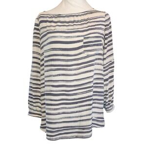 Kelly Wearstler 100% Silk Striped Blouse Navy Cream Boat Neck Size 10 Coastal